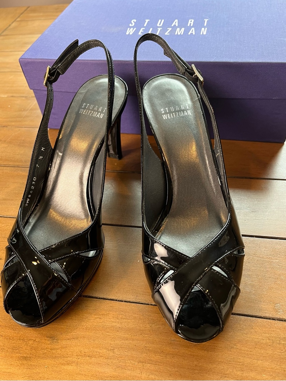 Stuart Weitzman Black Patent Leather Peep Toe Slingback Heels